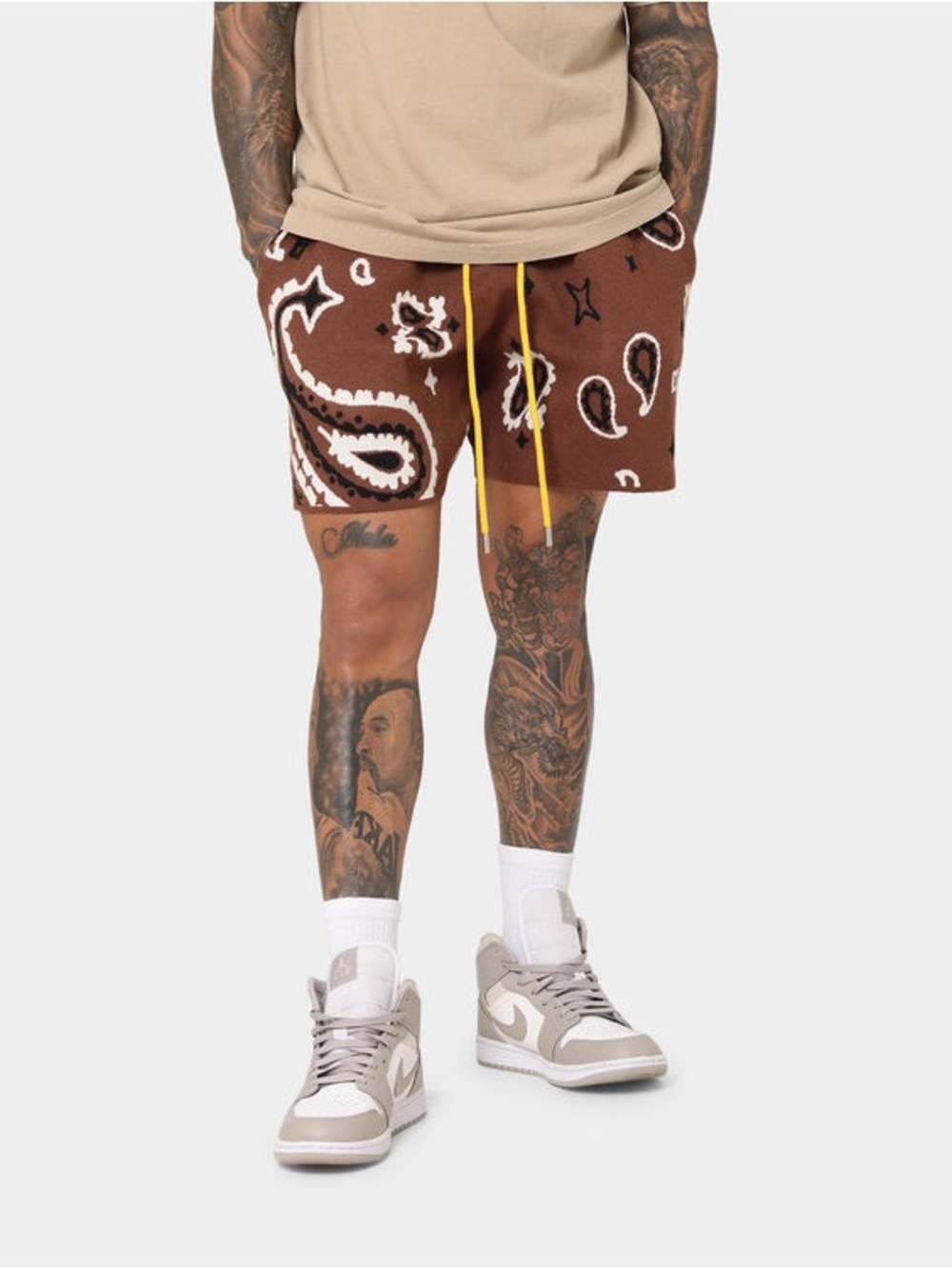 MNML Men’s Brown Paisley Knit Shorts with Yellow Drawstring Size 2X Culture King